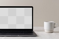 Laptop screen png mockup, modern home interior, cup of coffee