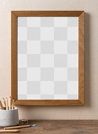 Wooden frame png mockup with art tools