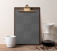 Clipboard png mockup with transparent document, barista background