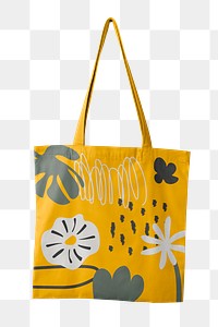 Reusable shopping bag png, printed floral pattern in yellow