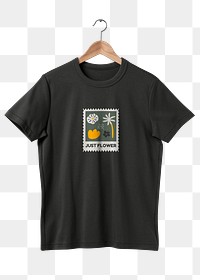 T-shirt png, black simple fashion with printed flower, transparent design transparent background 