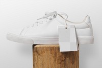 Sneakers label png mockup, street fashion branding in transparent design