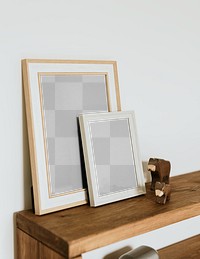 Aesthetic picture frame png mockups, on wooden shelf