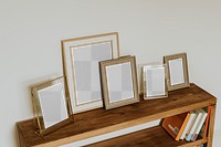 Aesthetic picture frame png mockups, on wooden shelf