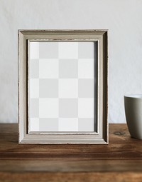 Rustic frame png mockup, on wooden shelf