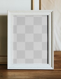 Rustic frame png mockup, on wooden shelf