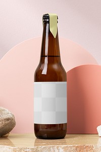 Glass bottle mockup png, transparent label design, beer product packaging