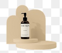 Skincare pump bottle png, beige product podium, isolated object design