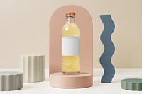 Glass bottle mockup png, transparent label design, beverage product packaging