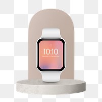 White smartwatch png, aesthetic screen wallpaper, beige product podium, isolated object design