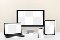 Workstation png mockup, digital device screen with computer, laptop, tablet