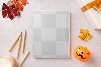 Notebook png, transparent cover mockup, Halloween autumn stationery, flat lay design