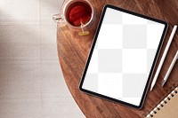 Tablet screen png mockup, transparent digital device, cup of tea