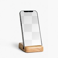 Mobile screen mockup png transparent, on wooden holder