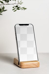 PNG mobile screen mockup transparent, on wooden stand