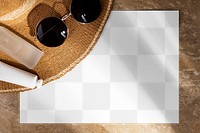 Flyer mockup png transparent, flat lay design with sunglasses and hat