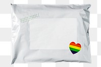 White mailer bag png, LGBTQ sticker, shipping packaging design