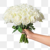 PNG white roses, held by hand, collage element