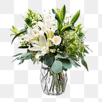 PNG white flowers in glass vase, isolated object, collage element design