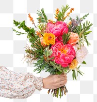 Flower bouquet png, held by hand, collage element