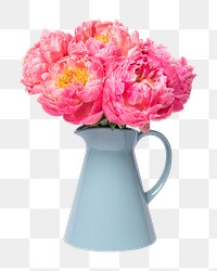 PNG pink peonies in blue vase, isolated object, collage element design