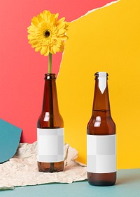 Beer bottle label png mockup, summer beverage packaging