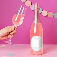 Rose sparkling wine png bottle mockup, aesthetic packaging
