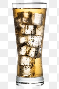 Cold carbonated drink over ice cubes in a  glass 