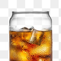 Cold carbonated drink over ice cubes in a can shaped glass 