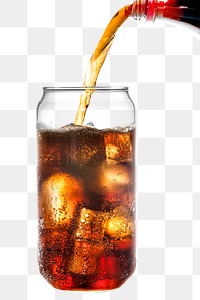 Cold carbonated drink being poured over ice cubes into a can shaped glass