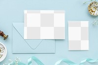 Wedding invitation card mockup on a blue background