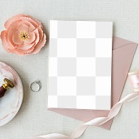 Card mockup with a diamond ring and a pink rose