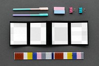 Set of colorful stationery on workspace design element