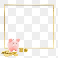 Pink piggy bank with bitcoins on a gold frame design element