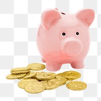 Pink piggy bank sticker with bitcoins design element