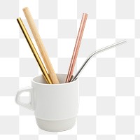 Set of reusable straws in a white cup design element