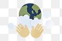 Hands washing the planet earth paper craft element transparent png
