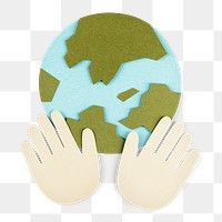 Hands supporting the planet earth during coronavirus pandemic paper craft element transparent png