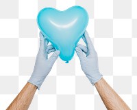 Gloved hands holding a blue heart shaped balloon design element