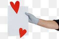 Gloved hands holding a card mockup decorated with red hearts