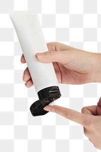 Woman squeezing cream from an unlabeled tube design element