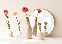 Dried flowers in minimal vases by a round mirror mockup
