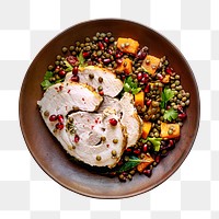 Roasted Christmas ham png mockup with pomegranate and lentils food photography