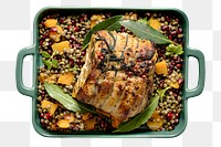 Roasted Christmas ham png mockup with pomegranate and lentils food photography