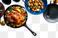 Sunday roast chicken png mockup with potatoes holiday meal