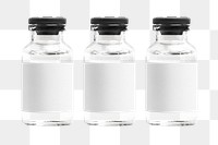 Three injection vial bottles png mockups with blank labels