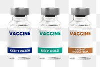 Different types of COVID-19 vaccine in glass vial bottles png with different storage temperature condition label 