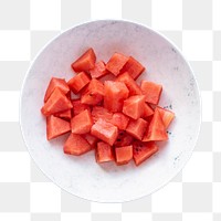 Png chopped watermelon in white plate with fork