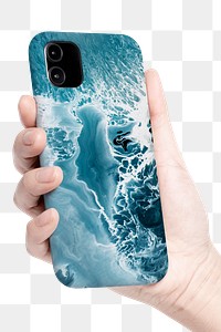 Mobile phone case png mockup in hand blue wave product showcase
