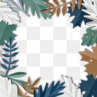 Paper craft leaf frame png with glitter in winter tone transparent background